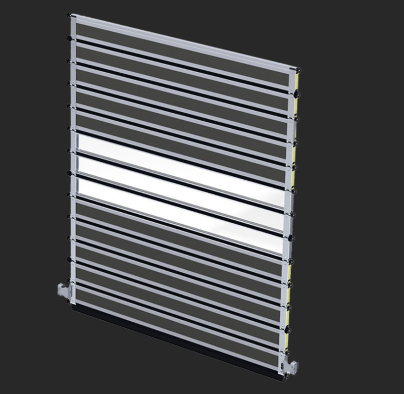 Industrial high-speed roll-up door with dark gray slats and two transparent vision panels for warehouse access.